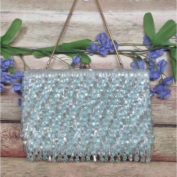 Vintage La Regale AB Dangle Bead Evening Bag Purse Kiss Lock Gold Chain Strap - Picture 1 of 9